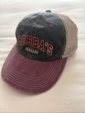 Bubba's Kauai Two-Tone Mesh Distressed Style Trucker Hat in Burgundy and Navy.